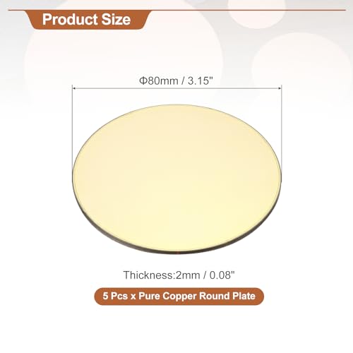 MECCANIXITY 5 Pcs Round Brass Plate, 80mm(3.15") Dia Pure Copper Sheets,2mm H62 Brass Copper Metal Sheet for Crafts, DIY, Electrical Repairs, Industrial Use, Metal Stamping 0.08 x 3.15 inch