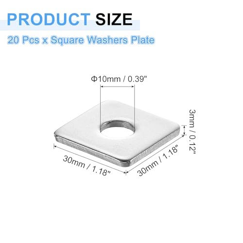 uxcell 20Pcs 1-3/16" Square Plate Washer for 3/8" Bolt, 304 Stainless Steel Bearing Plate Flat Washers Spacer Gasket for Machinery Repair, Outdoor Construction (0.12" Thick) 1-3/16" x 3/8" x 0.12" 20