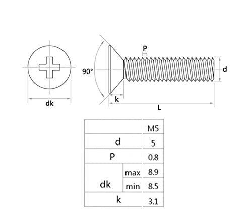 230pcs M5-0.8 x 6mm/8mm/10mm/12mm/16mm/20mm/25mm/30mm Flat Countersunk Head Phillips Screws with M5 Hex Nuts Kit, 304 Stainless Steel / A2-70/18-8, Full Thread, Plain Finish