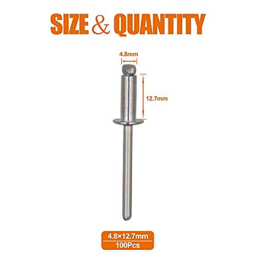 ISPINNER 100pcs 3/16" x 1/2" Stainless Steel Blind Rivets, 4.8 x 12.7mm Pop Rivets, Pack of 100 3/16" x 1/2"