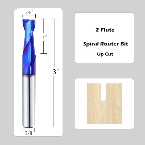 VIC031 Spiral Router Bits Up Bit 3/8 inch Cutting Diameter, 1" Cutting Length,3/8 inch Shank Solid Carbide CNC Bits with Nano Blue Coating for Wood Plunging (up cut, 3/8"S*3/8"S*1"CL*3"OVL) UP CUT 3/8"S*3/8"S*1"CL*3"OVL