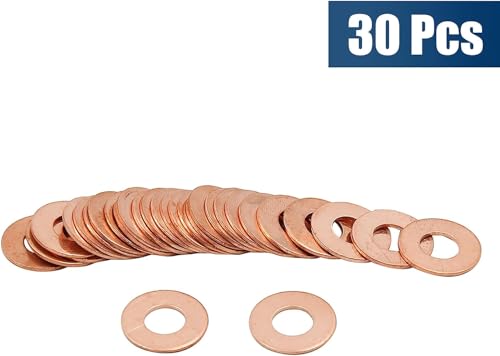 M8 Copper Flat Washers 30PCS, 8mm ID 18mm OD 1mm Thick Metric Copper Sealing Rings for Bolts Nuts Hydraulic Fuel Fittings