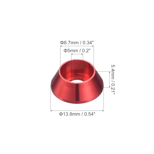 uxcell M5 Cone Cup Countersunk Washers, 50 Pcs Anodized Aluminum Gaskets Cup Head Washer Gasket, Cup Screw Counterbore Gasket for Mechanical Accessories Parts, Red