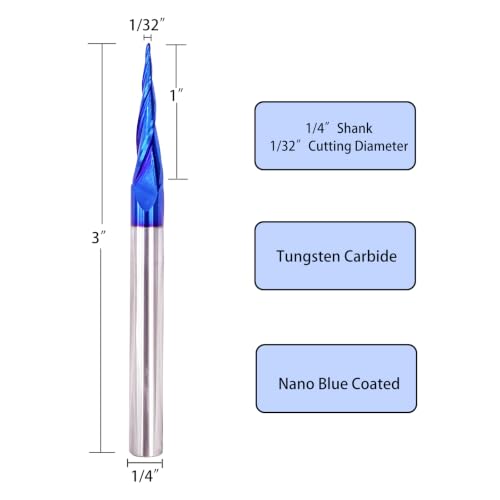 2PCS Tapered Ball Nose End Mills 1/4" Shank, 1/32" Cutting Diameter, 6.2 Degree, Solid Carbide CNC Router Bits wiith Nano Coated for 2D/3D Milling Engraving Carving BRB362 2 6.2Deg