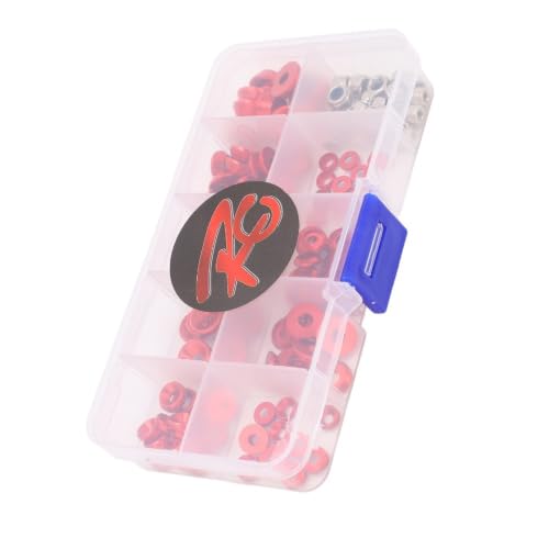 Alloy RC Hardware Fastener Kit, M2.5 M3 M4 Flat Round Cup Head Washers & Nuts, Assorted Screw Washer with Storage Box for 1/8 1/10 RC Cars(Red) Red