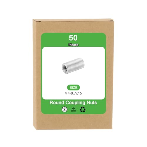 uxcell M4x0.7mm Round Coupling Nuts, 50 Pcs Carbon Steel Connector Nuts Fasteners Rod Bar Stud 15mm for Industrial Construction Fasteners, Silver M4-0.7 x 15mm