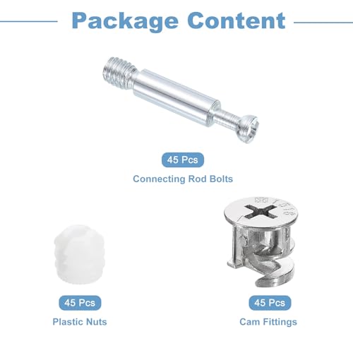 uxcell 45Set 15x14mm Furniture Cam Lock Fitting with 5.8x35mm Dowel Fasteners, 3-in-1 Metal Furniture Board Connecting Screws Bolts Assortment Kit for Cabinets Chairs Drawer 5.8 x 35mm 45