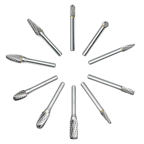 Carbide Rotary Burrs Set with 1/4''Shank 10Pcs Double Cut Solid Tungsten Carbide Rotary Files Bits for Die Grinder Metal Woodworking Drilling Engraving Polishing Grinding (Noble Red) Noble Red
