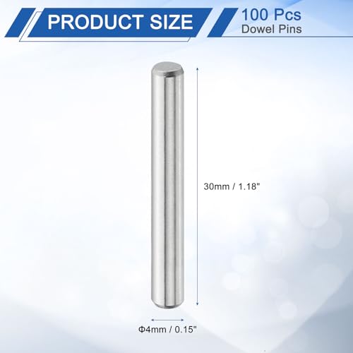 uxcell 100Pcs 4mm x 30mm Dowel Pins, 304 Stainless Steel Cylindrical Shelves Support Pegs Locating Pin Shelf Fasten Elements for Bookshelf Cabinet Furniture Component (GB119), Silver 100