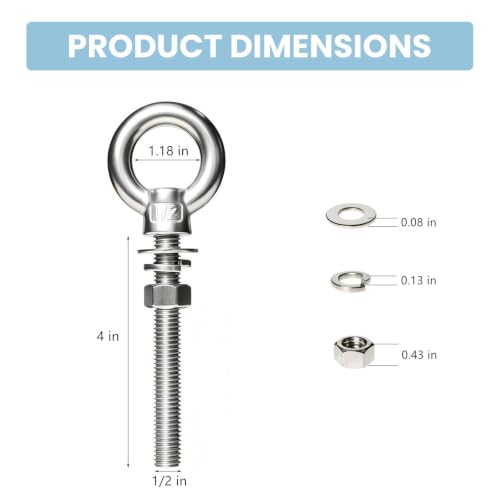 8 Pack 1/2"-13 x 4 Eye Bolts with Nuts- 304 Stainless Steel 1/2"-13 x 4" 8