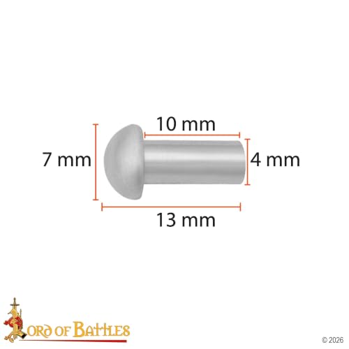 Lord of Battles Mushroom Head Steel Rivets, Solid Metal Rivets for Leather, Wood & DIY Projects - Dome Head Fasteners, Pack of 100 (13 mm) 13 mm