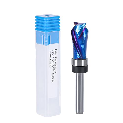 Compression Flush Trim Router Bit with Top Bearing, 1/4” Shank, 1/2“ Cutting Dia Pattern Template Flush Cut Router Bit for Woodworking Trimming (Top Bearing)