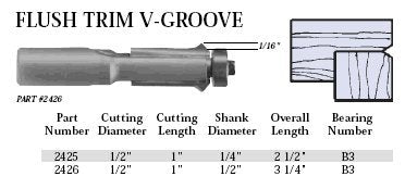 Whiteside 2426 Flush Trim V-Groove Router Bit: 1/2 Inch Cutting Diameter, 1 Inch Cutting Length, 1/2 Inch Shank, 3-1/4 Inch Overall Length, B3 Bearing