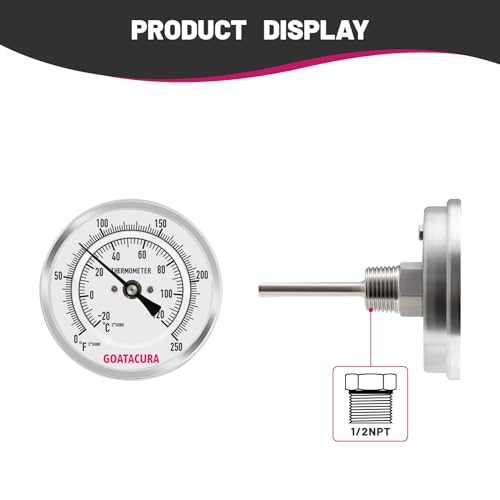 Bimetal Thermometer, Full Stainless Steel, 3" Dial Size, 2-1/2" Stem, 1/2" NPT Back Mount, 0-250 Deg F/-20-120 Deg C, 1% Accuracy L=2.5"