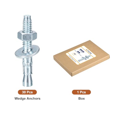 DTGN 1/4" x 1-3/4" Wedge Anchors - 30Pack - Good for Cement and Concrete Wall - Carbon Steel Zinc Plated Screw Bolt Nut Expansion Tube Fasteners 1/4" x 1-3/4"