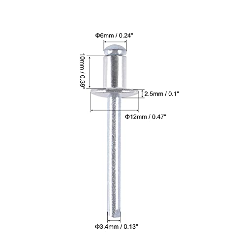 uxcell Blind Rivets Aluminum 6mm Diameter 10mm Grip Length Silver Tone 50pcs 6mm x 10mm