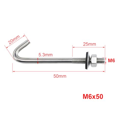 15 Pack J Hook Roofing Bolts M6 304 Stainless Steel Long Shank Roof Concrete Anchor Bolt with Hex Nut and Washer (M6x50mm) M6x50