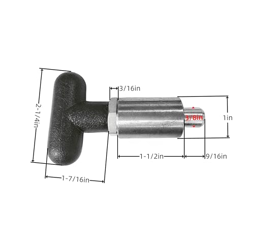T knob Spring Loaded Pop Pin Spring Loaded Zinc Plated Steel Plunger POP Pull Pin Tire Carrier Pin , Black Plastic T-Handle Knob Round Nut W/Grub Screw Lock. (T-Handle, 3/8" Diameter)