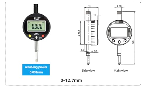 Digital dial Gauge, Range 0-0.5in/12mm, Accuracy 0.00004 in/0.001 mm, high Sensitivity, Industrial Grade Quality, Multiple Measurement scenarios, Precise Measurement 0.5in/0.001mm