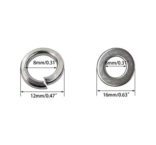M8 304 Stainless Steel Flat Washer and Split Spring Lock Washer Assortment Set, 100Sets /Pack