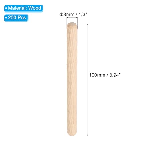 PATIKIL 1/3 Wooden Dowel Pins 200Pcs M8x100mm Wood Dowel Pins Hardwood Pegs