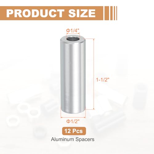 PATIKIL 12PCS Aluminum Spacers, 1/4" x 1/2" Metal Spacers Aluminum 1-1/2" L Spacer Screw Standoff Round Unthreaded Standoff Bushing for 1/4inch Screw Bolts, Black Silver