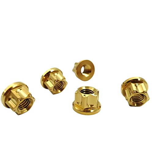 RISON Titanium Nuts M6 M8 M10 M12 Nut Hex Flange Bolt Screw Nut for Locomotive and Motorcycle Bicycle Car Boat Brake Accessories Titanium Fasteners Titanium Nut Pack of 5 (M8, Gold) Black,Blue,Gold,Rainbow