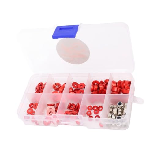 Alloy RC Hardware Fastener Kit, M2.5 M3 M4 Flat Round Cup Head Washers & Nuts, Assorted Screw Washer with Storage Box for 1/8 1/10 RC Cars(Red) Red