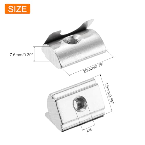 uxcell 30Pcs M5 T Nuts Roll in Spring, T Nut with Spring Sheet Carbon Steel Nickel Plated for 4545 Series Slot Aluminum Profile M5-0.8x20x15x7.6mm 30