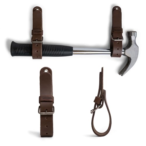 Leather Wall Hanging Straps, Set of 2, Buckle Closure for Axes, Hatchets & Tools, Heavy Duty Tool Hangers, Garage Storage Organization, Axe Mount Holders, Organizer Hooks Bourbon Brown