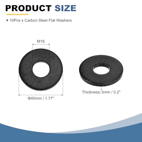 uxcell 10Pcs Carbon Steel Flat Washers, M16x45x5mm Black Oxidized Grade 8.8 Washer, Seal Gaskets Flat Ring for Screws Bolts Machinery Repair, Outdoor Construction 10
