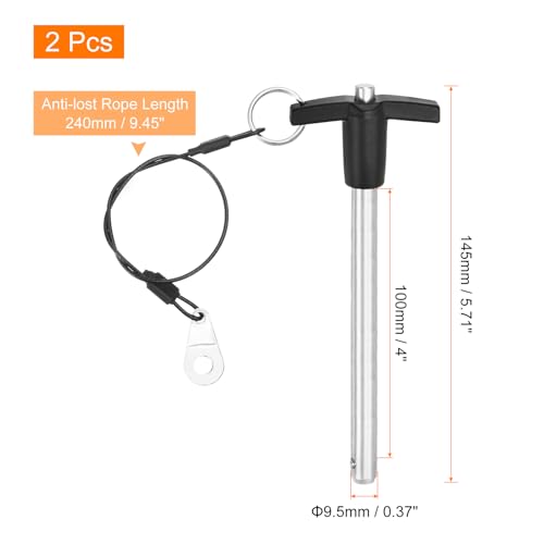 uxcell 2 Pcs T Handle Quick Release Pin, 3/8" x 4"(Dia. x L) 304 Stainless Steel Push-Button Quick Release Pin with Lanyard Cable for Audio Bimini Top Marine Hardware, Silver 9.5x100.0 mm