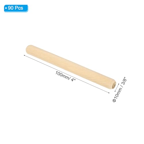 PATIKIL 3/8" x 4"(10 x 100mm) Wood Dowel Pins, 90 Pack Fluted Wooden Dowel Pin Beveled Groove Rods for Furniture Door Art Crafts Projects