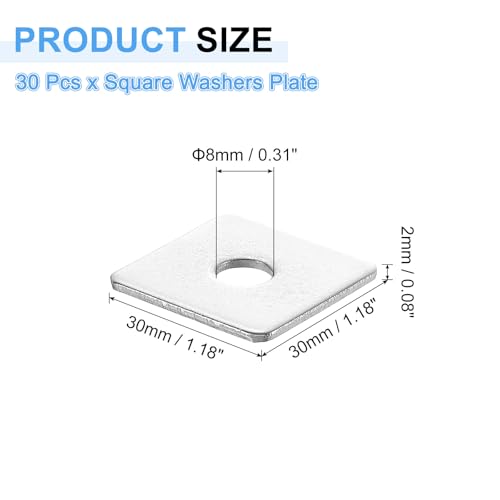 uxcell 30Pcs 1-3/16" Square Plate Washer for 5/16" Bolt, 201 Stainless Steel Bearing Plate Flat Washers Spacer Gasket for Machinery Repair, Outdoor Construction (0.08" Thick) 1-3/16" x 5/16" x 0.08" 30
