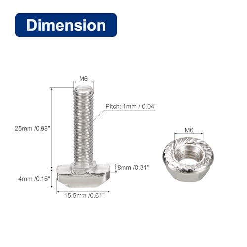 uxcell M6x25mm T Slot Drop-in Bolt and M6 Hexagon Flange Nut Set, 40 Sets Hammer Head T-Bolt T Shape Stud Sliding Screw for 30 Series Aluminum Profile