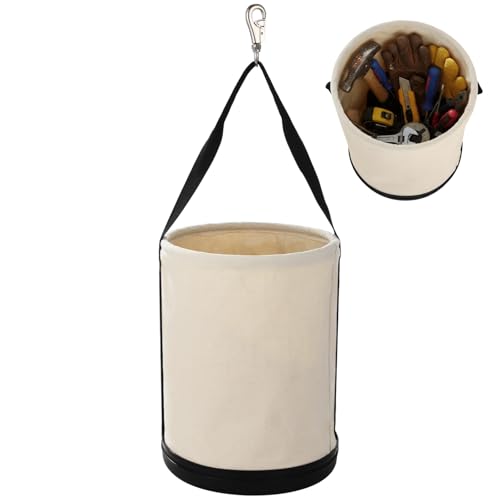 Utility Canvas Tool Bucket with Shoulder Strap, Hard Base All Purpose Canvas Bucket Bag, Heavy Duty Tool Organizer Bag with Metal Hook, Holds up to 150 Lbs
