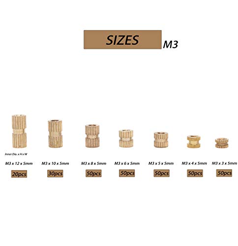 300pcs M3 Knurled Threaded Inserts, Brass Female Press in Embedment Heat Set Nuts Assortment Kit for Laptop 3D Printer Plastic (Pack of 2) m3 (Pack of 2)