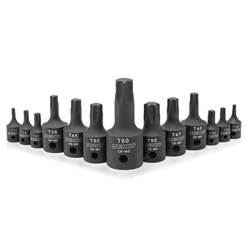NEIKO 10281B Impact Torx Bit Socket Set, 1/4", 3/8" and 1/2" Drive, 6 Point Star Sockets, Heavy Duty Impact Grade Cr-Mo, T10 to T60 High Impact, Professional Grade Auto & Motorcycle Mechanic Socket 13 Piece