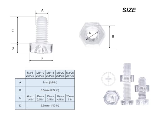 200 pcs Acrylic Screws and Nuts M3 Kit Metric Diameter 3mm
