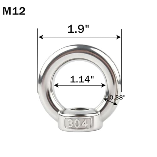 6 Pack M12 Lifting Eye Nut, 1/2" Ring Shape Eye Bolt Nuts 304 Stainless Steel M12-1/2"