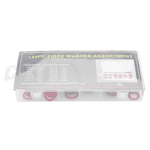 150Pcs Fiber Washer Insulation Flat Washer Assortment, 14 Sizes Red Flat Ring Washers Assortment Kit Steel Paper Sealing Washers Set