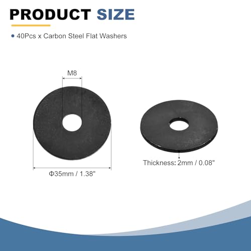 uxcell 40Pcs Carbon Steel Flat Washers, M8x35x2mm Black Oxidized Grade 8.8 Washer, Seal Gaskets Flat Ring for Screws Bolts Machinery Repair, Outdoor Construction 40