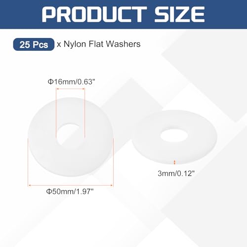 uxcell 25Pcs M16 Nylon Flat Washers Plain Washer 16mm ID 50mm OD 3mm Thick Plastic Washers for Screws Bolts Garden Faucet Plumbing Washers Repair, White 25