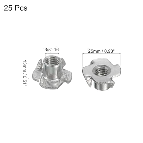 uxcell 3/8"-16 T-nut 25pcs 304 Stainless Steel 4 Pronged Tee Nuts for Furniture Woodwork Cabinetry Threaded Insertion