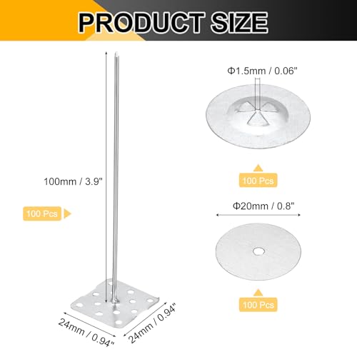PATIKIL Perforated Insulation Pins 3.9 Inch, 100 Pcs 0.8 Inch Washers Insulation Stick Pins Aluminum Round Insulation Hangers for Foam Board Wall Floor Ceiling
