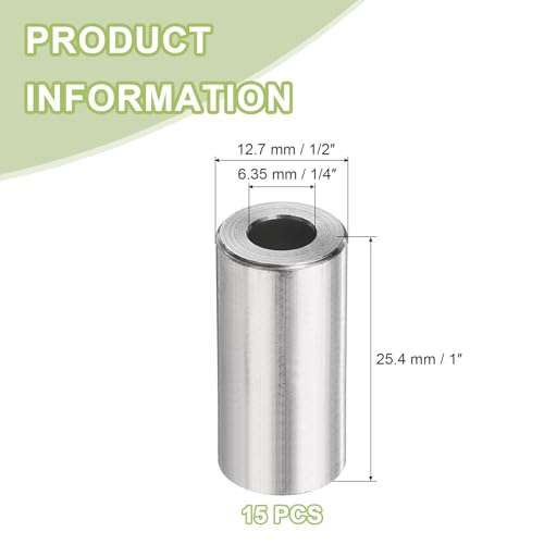 uxcell 15Pcs Aluminum Spacer 1/2" OD x 1/4" ID x 1" Length Screw Standoff Bushing Plain Finish Unthreaded Round Metal Spacer for 1/4" ID Screws Bolts and Rods, Silver 1 Inch