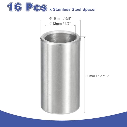 uxcell 16Pcs 304 Stainless Steel Spacer 5/8" OD x 1/2" ID x 1-1/16" Length(16x12x30mm) Screw Standoff Bushing Plain Finish Unthreaded Round Metal Spacer for M12 Screws Bolts and Rods 16x12x30mm
