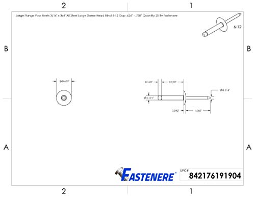 Fastenere Large Flange Pop Rivets - 3/16" x 3/4" (25 pcs) Heavy Duty, Open End, Steel Zinc, Corrosion-Resistant, High Tensile & Shear Strength, 6-12 Gap .626" - .750"