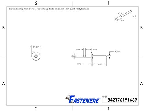 Fastenere Large Flange Pop Rivets - 3/16" x 1/4" (25 Pack) Heavy Duty, Stainless Steel Blind Rivets, Open End 6-4 Grip Range .188" - .250", Corrosion Resistant, High Tensile & Shear Strength 3/16" x 1/4" (6-4) (25 Pack)