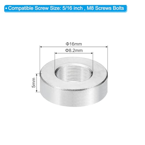 PATIKIL M8 Stainless Steel Spacers, 10Pcs Metal Spacer Stainless Steel 8.2mm ID x 16mm OD x 5mm L Stainless Steel Spacer Screw Standoff for 5/16" or M8 Screw
